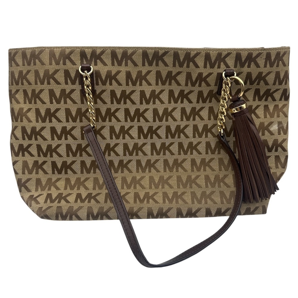 Michael Kors Tote Bag Women Large Brown MK Signature Monogram Canvas Tassel